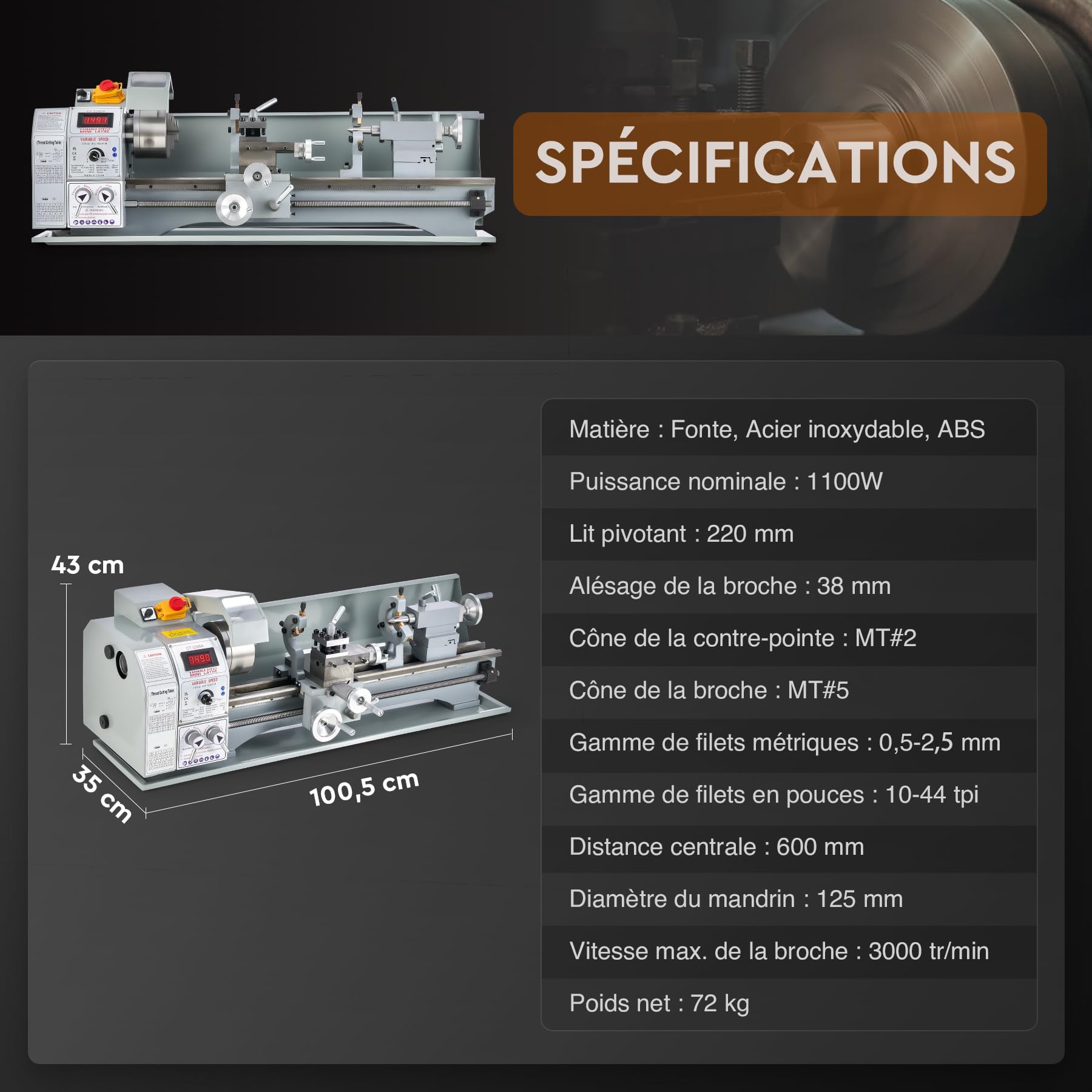 CREWORKS 1100W Mini Tour à Métaux d'Établie 220x600mm 9"x24" Haute Précision avec Mandrin à 3 Mâchoires et Vitesse de Broche Max. 3000 tr/min Écran LCD pour Filetage Tournage Perçage