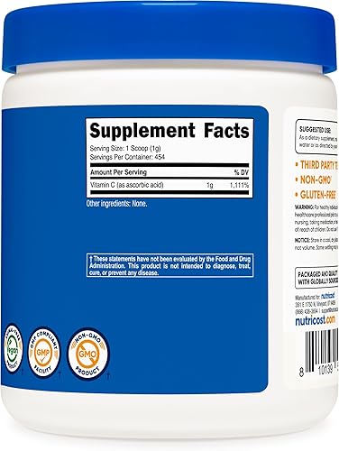 Miniatura 5 de Nutricost polvo de ácido ascórbico puro vitamina C, 1G por porción, alta calidad, soporte del sistema inmunológico., 1