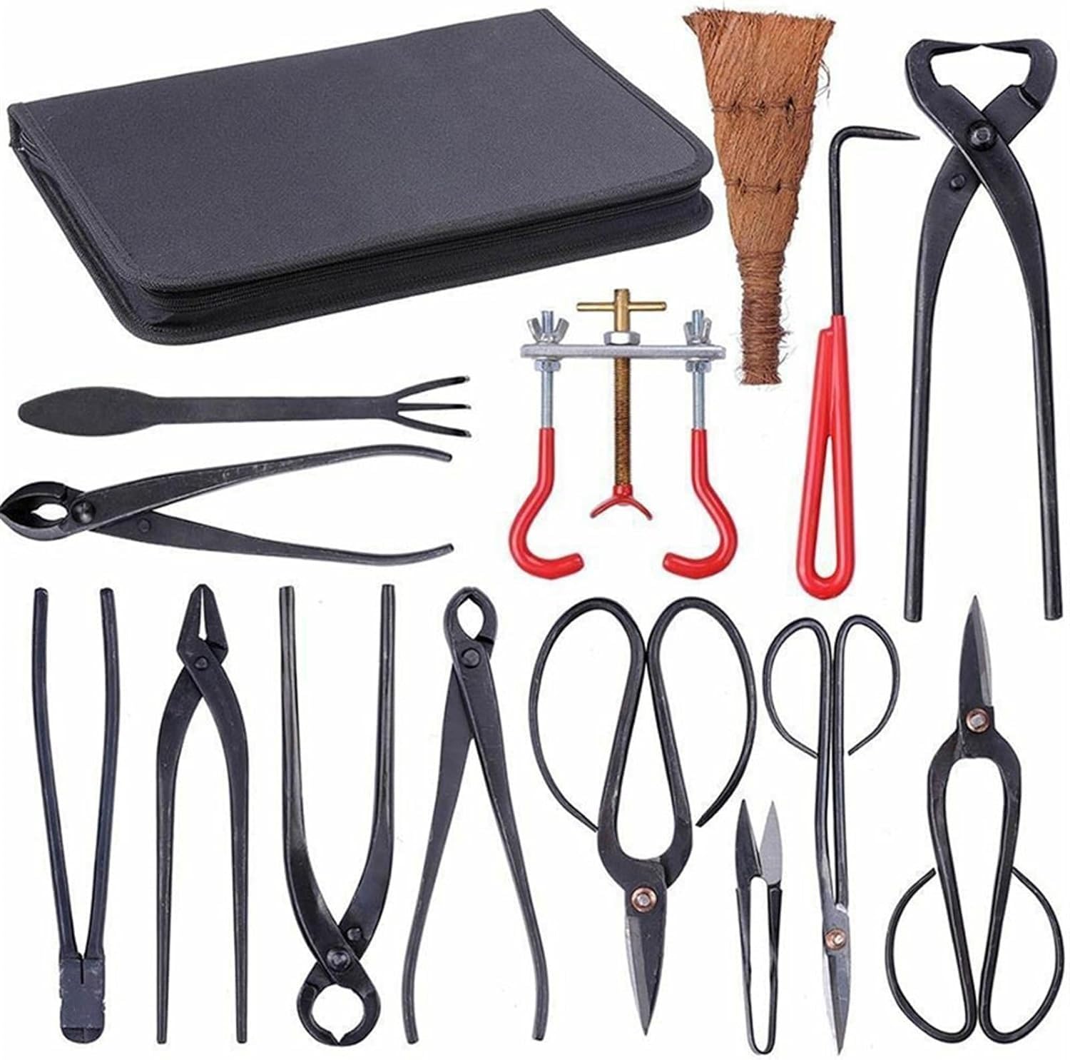 Herramientas de Jardinería Kit Juego de Herramientas de jardín, Juego Completo de 14 Piezas de Tijeras para Ramas de bonsái, Juego Completo de Herramientas de Acero al Carbono con Caja de Nailon ad