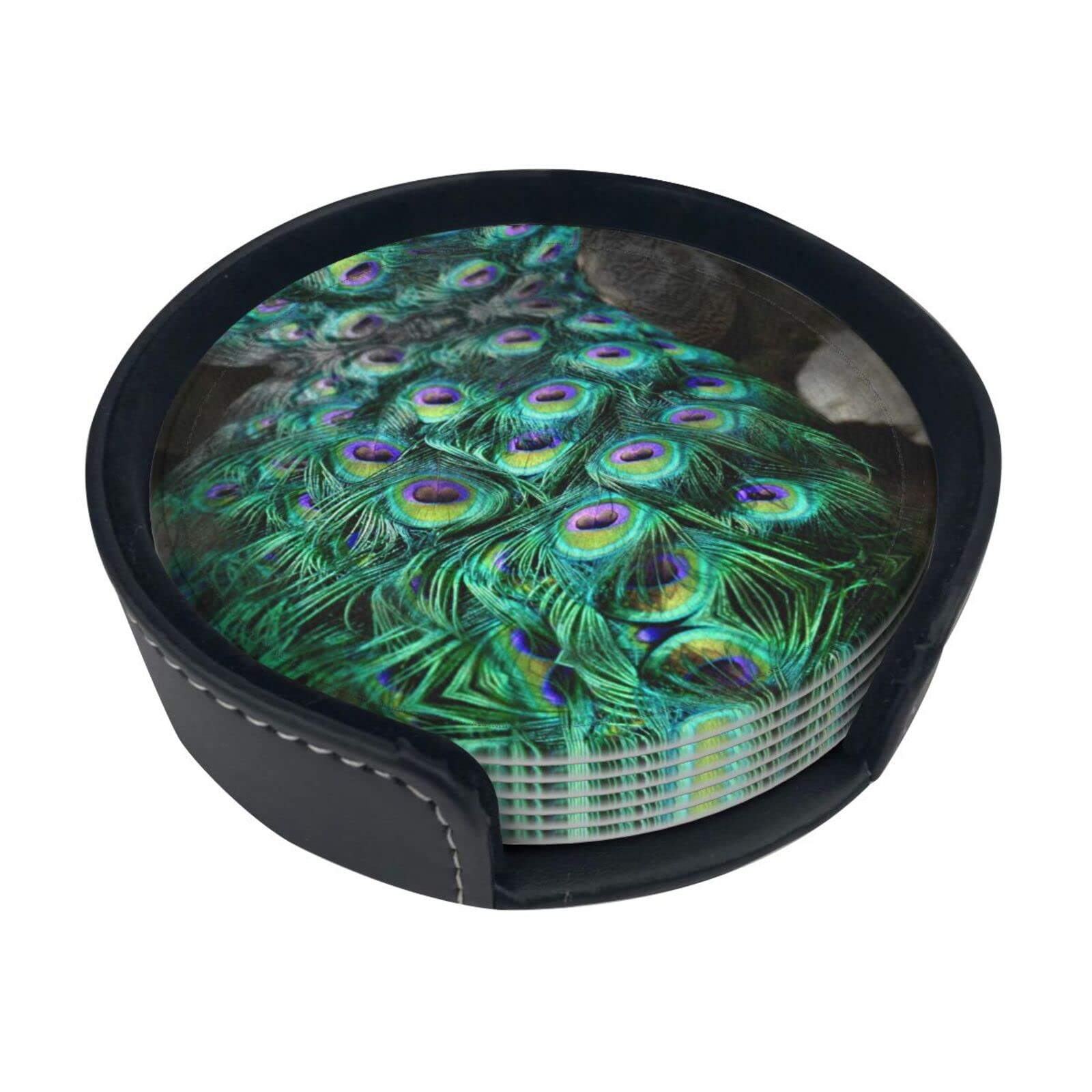 Alteko Green Coasters Set Of 6 Peacock Feather Print Leather Coasters For Drinks,Home Décor And Housewarming Gift