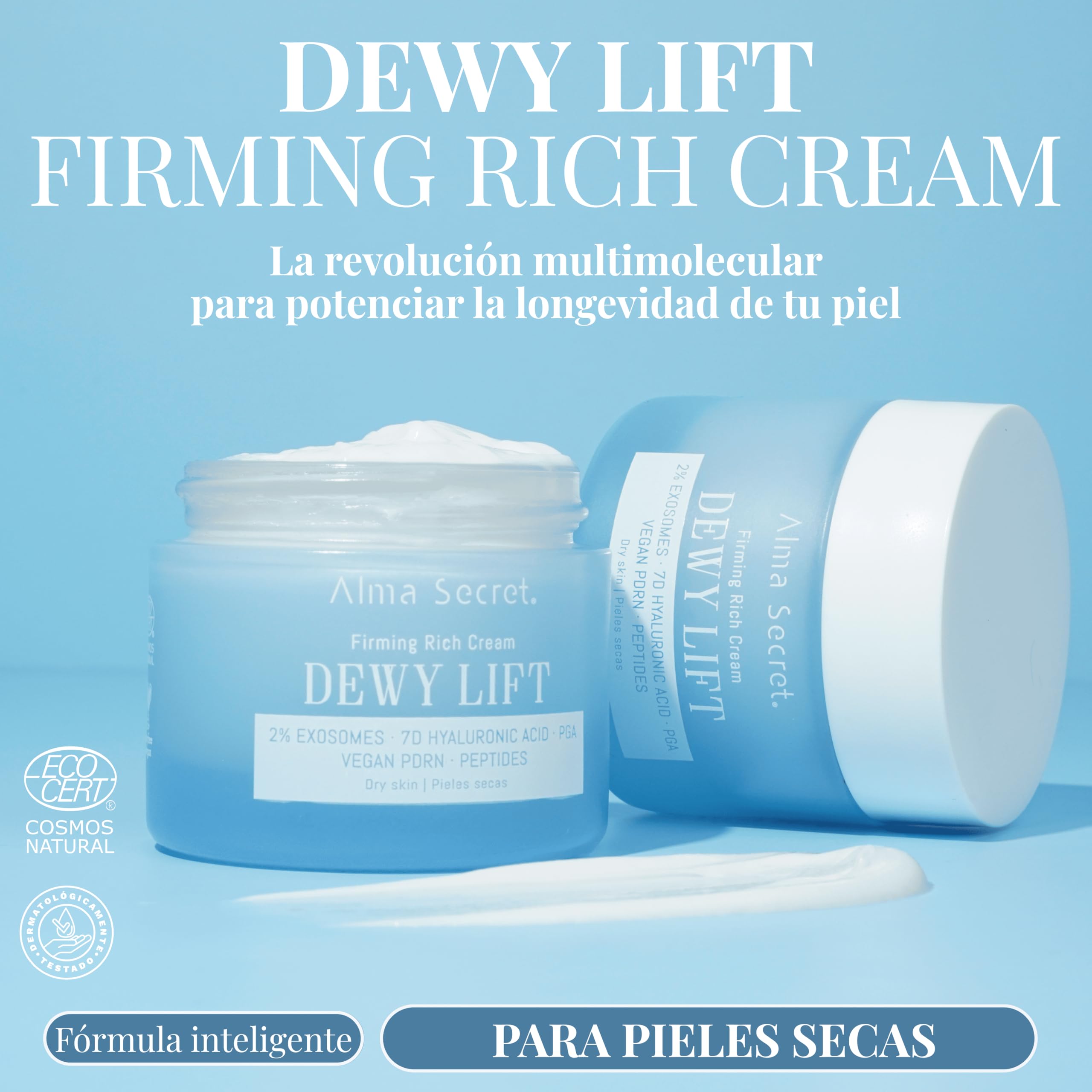 ALMA SECRET | Dewy Lift Rich Firming Cream | Crema de día reafirmante, redensificante e hidratante con 2% Exosomas, PDRN Vegano, 7D Ácido Hialurónico y PGA | 50 ml (Piel seca)