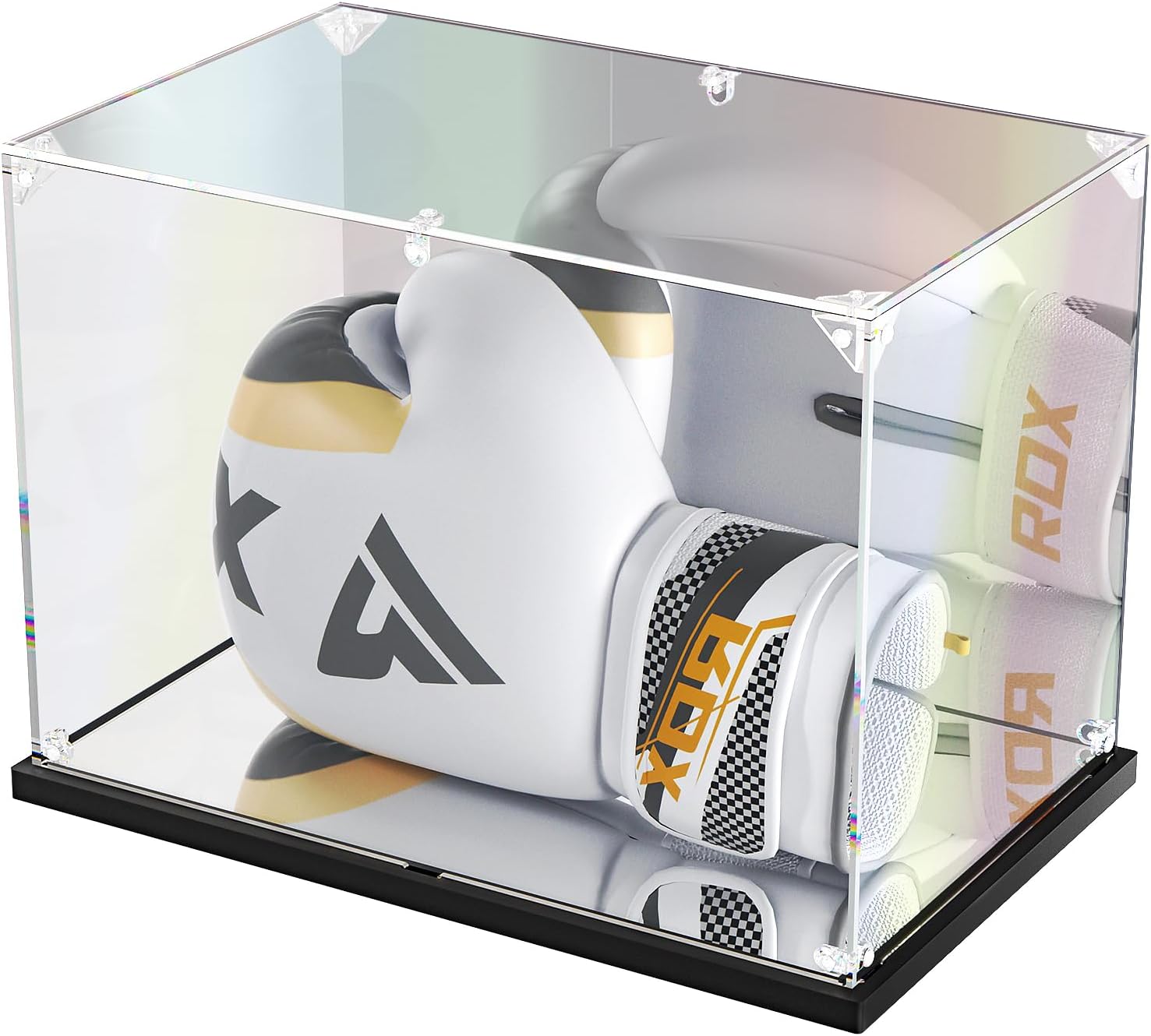 KOLIPI Boxing Glove Display Case with Mirror Back and Base, Acrylic Display Case for Full Size Boxing Glove, Watch The Video to Assemble (14x9.5x8.7 inch, 35x24x22 cm)