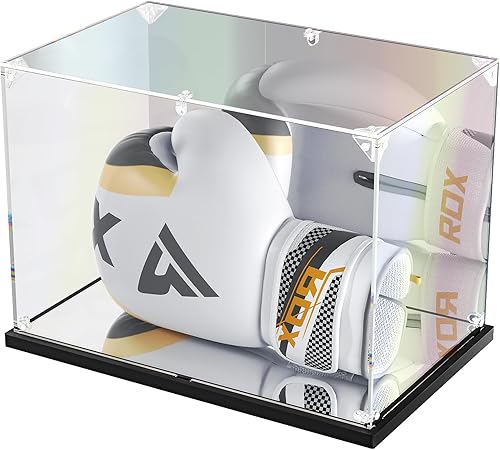 Vitrina de guantes de boxeo con espejo trasero y base, vitrina acrílica para guante de boxeo de tamaño completo, mira el video para montar (14 x 9.5