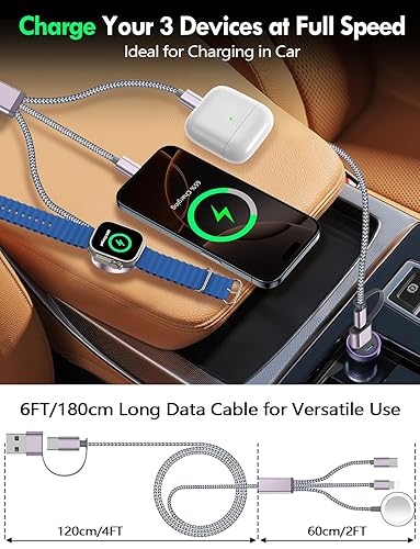 Miniatura 4 de Paquete de 1 cable de carga múltiple para artículos esenciales de viaje, cargador de Apple Watch, cargador de iPhone, [3 en 2] cable tipo Gris,Negro