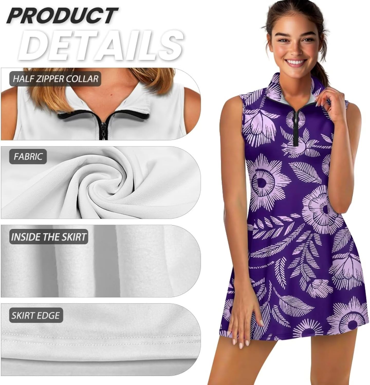 Golf Tennis Dress with Zippered Pockets,Stand-up Collar Design,Suitable for Women.Plus-Size Sleeveless Fitness Style.