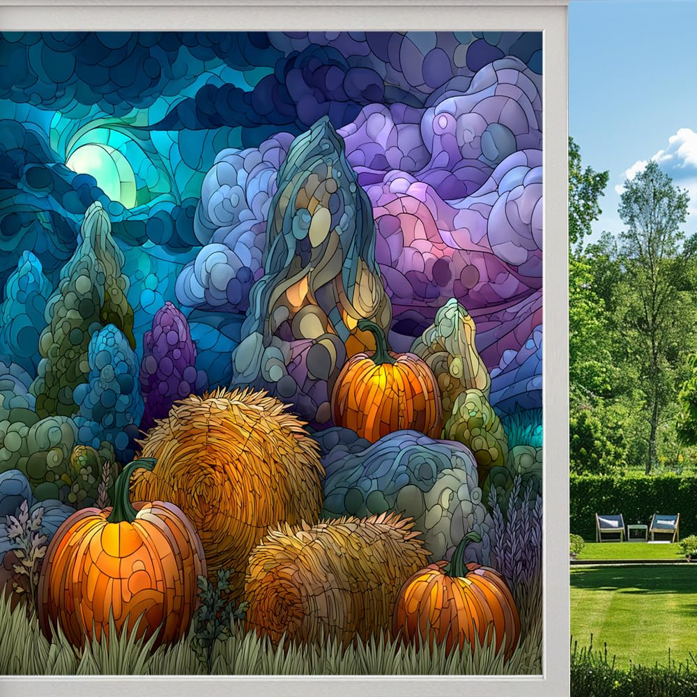 Abstract Pumpkins Frosted Window Film, Rural Harvest Autumn Scenery Stained Glass Privacy Film, Heat Insulation Self-Adhesive Vinyl for Bathroom Office, （50x100cm）