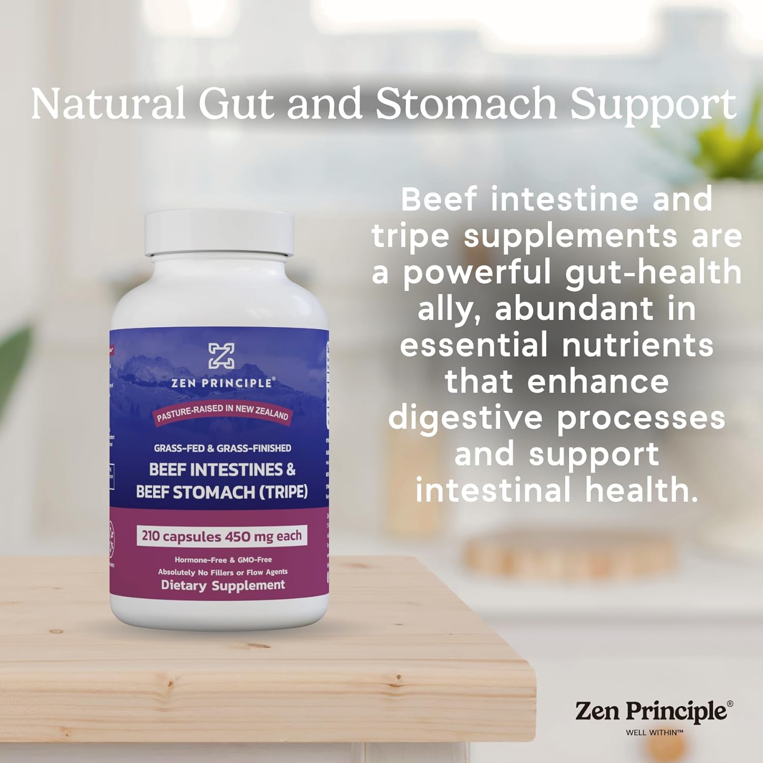 Zen Principle Grass Fed Beef Intestines with Stomach (Tripe) Supplement, Supports Digestive Health and Gut Balance, Supports Acid Reflux Balance, Natural Intestine Wellness, 210 Capsules