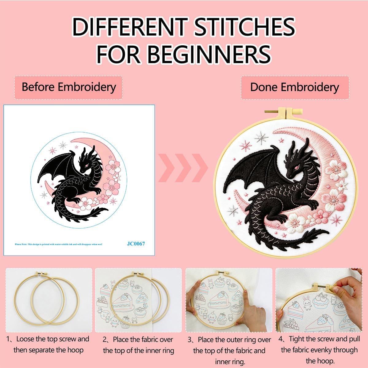Zhenqing Black Dragon and Pink Moon Embroidery Kit, Fantasy Mystical Craft Set with 20cm Hoop, Printed Design on 29x29cm Cotton Fabric, DIY Gothic Art (JC0067)