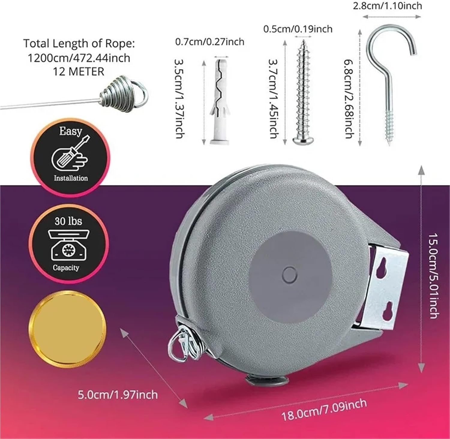 Retractable Clothesline Telescopic Invisible Clothes Drying Rack Line Laundry Storage Supplies for Bathroom, Balcony(Grey-12M)