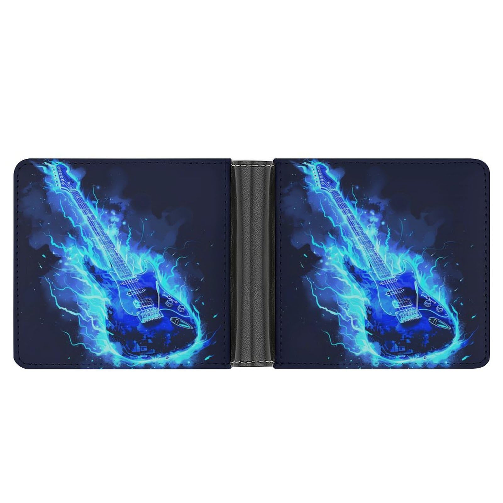 Music Blue Electric Guitar Leather Wallets for Men Slim Bifold Wallet Credit Card Holder Front Pocket Wallets