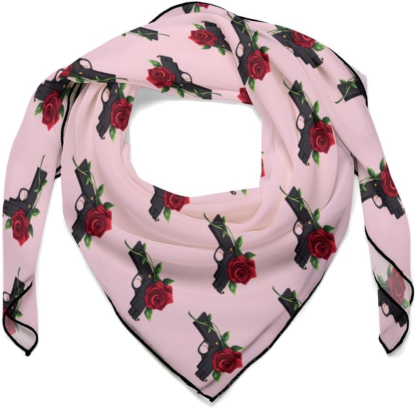 Rose Gun Silk-Like Square Scarf for Women Vintage Printed Neck Scarf Bandanas Hair Scarves