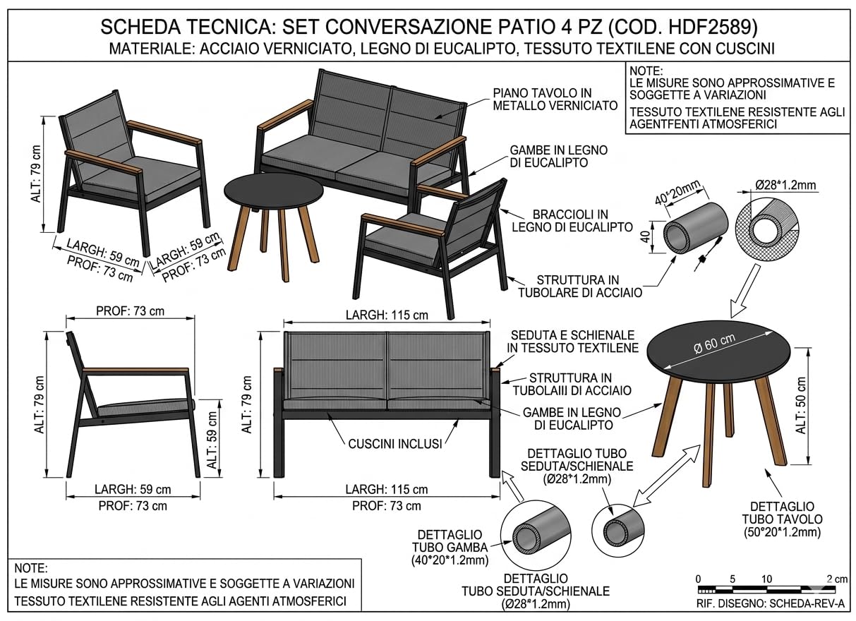 Salotto da Giardino 4 Pezzi KYOTO – Divano 2 Posti + 2 Poltrone + Tavolino Rotondo 60 cm con Cuscini Grigio Antracite – Struttura Alluminio Nero Braccioli Legno Effetto Teak – Arredo Giardino