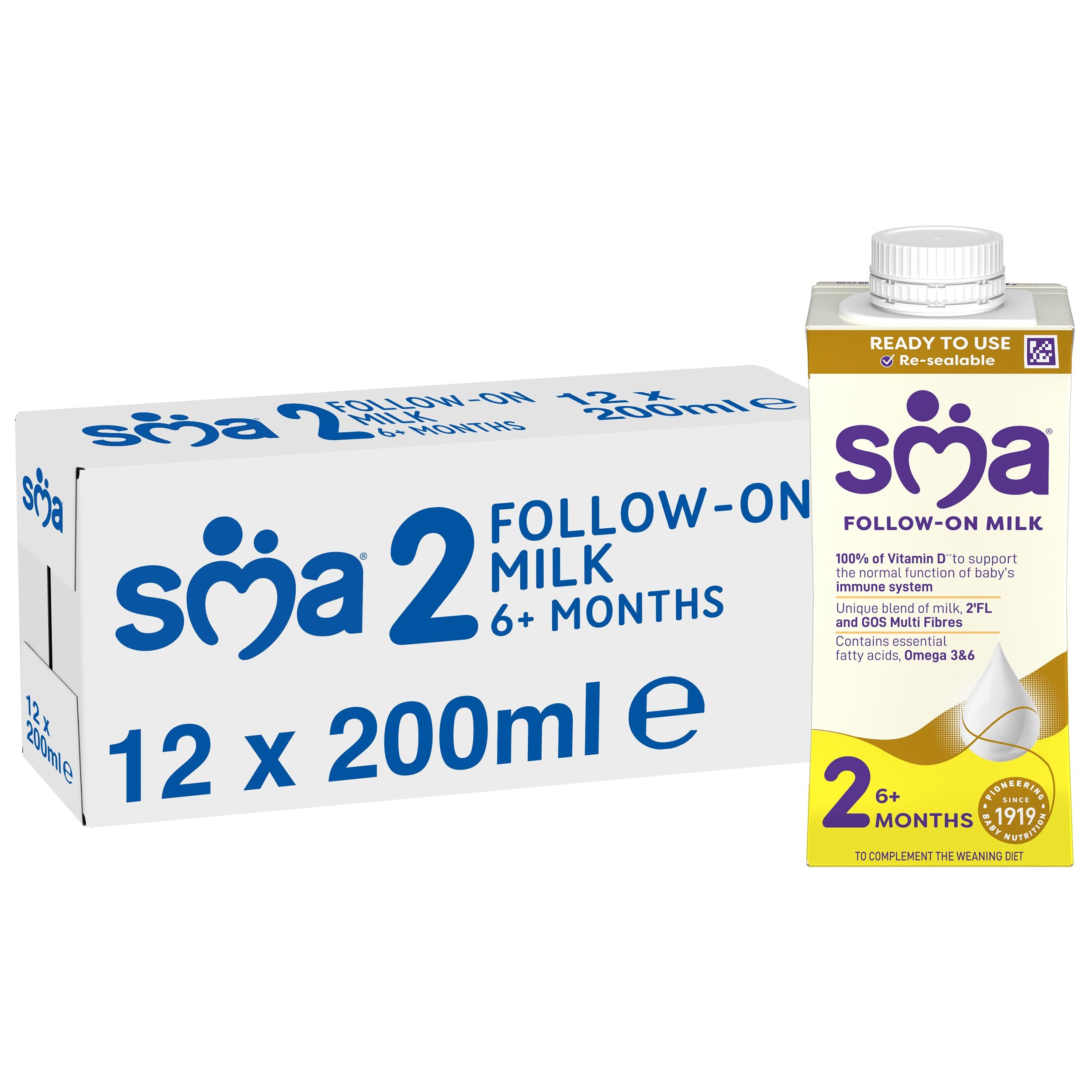 SMA PRO Follow On Baby Milk, Ready To Drink, 6 Months+, 200 ml (Pack of 12)