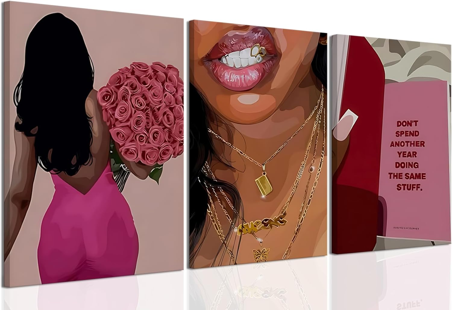Pink Fashion Black Woman Canvas Wall Art Set of 3 African American Women Wall Decor Trendy Abstract Black Girl Canvas Poster Prints Aesthetic Pictures Artwork for Bedroom Living Room Framed 16x24 inch