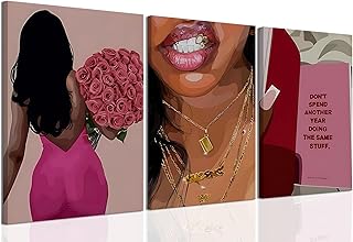 Pink Fashion Black Woman Canvas Wall Art Set of 3 African American Women...