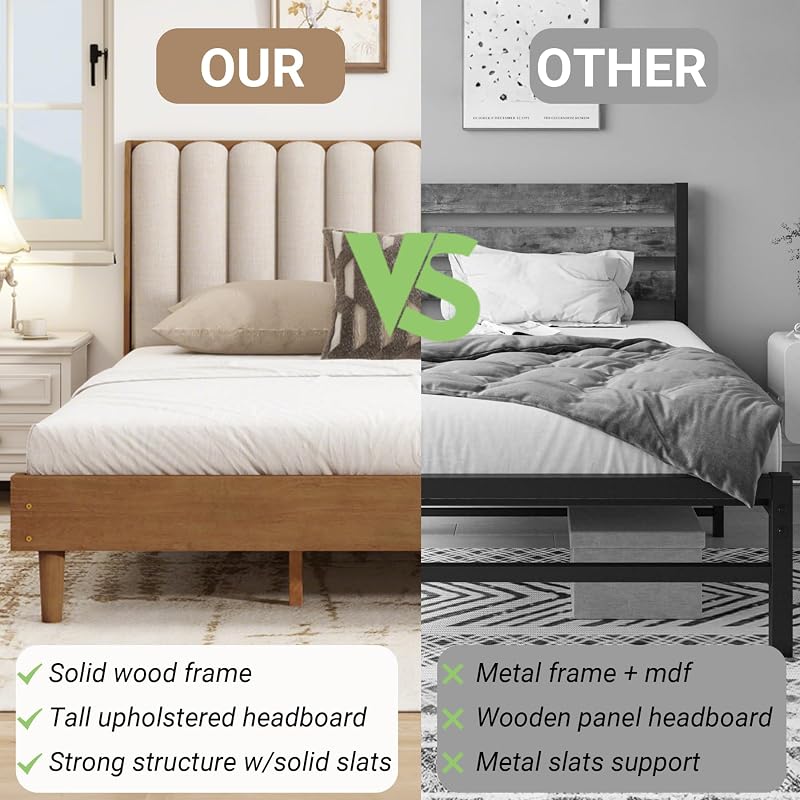ivoros King Bed Frame with Vertical Channel Upholstered Headboard, Wheat image 3