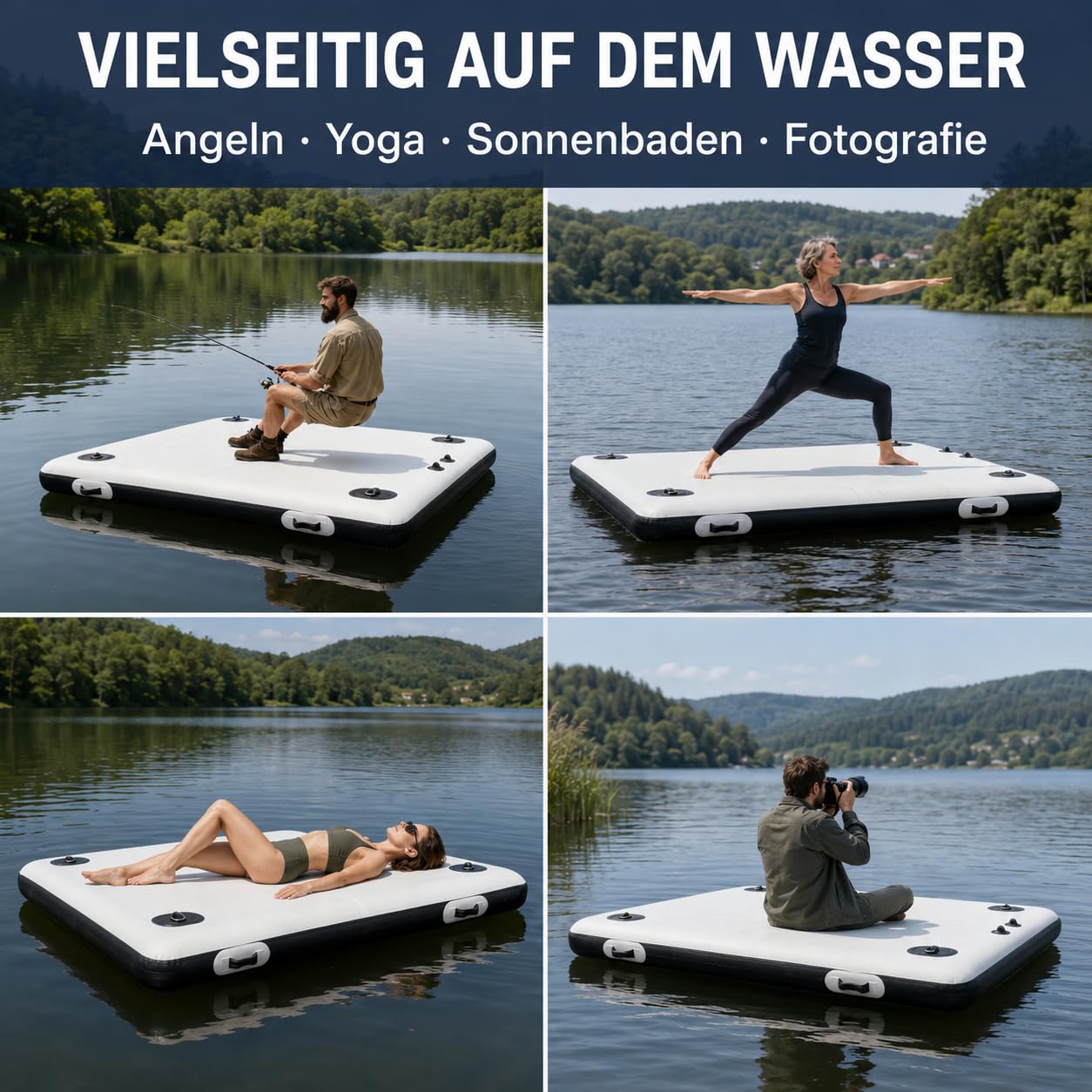 Aufblasbare Badeplattform 2x1,5m, Aufblasbare Dock mit Luftpumpen 400kg Tragkraft Schwimmplattform mit Paddel & Tasche, stabiles Schwimmdock für Angeln, See & Wassersport