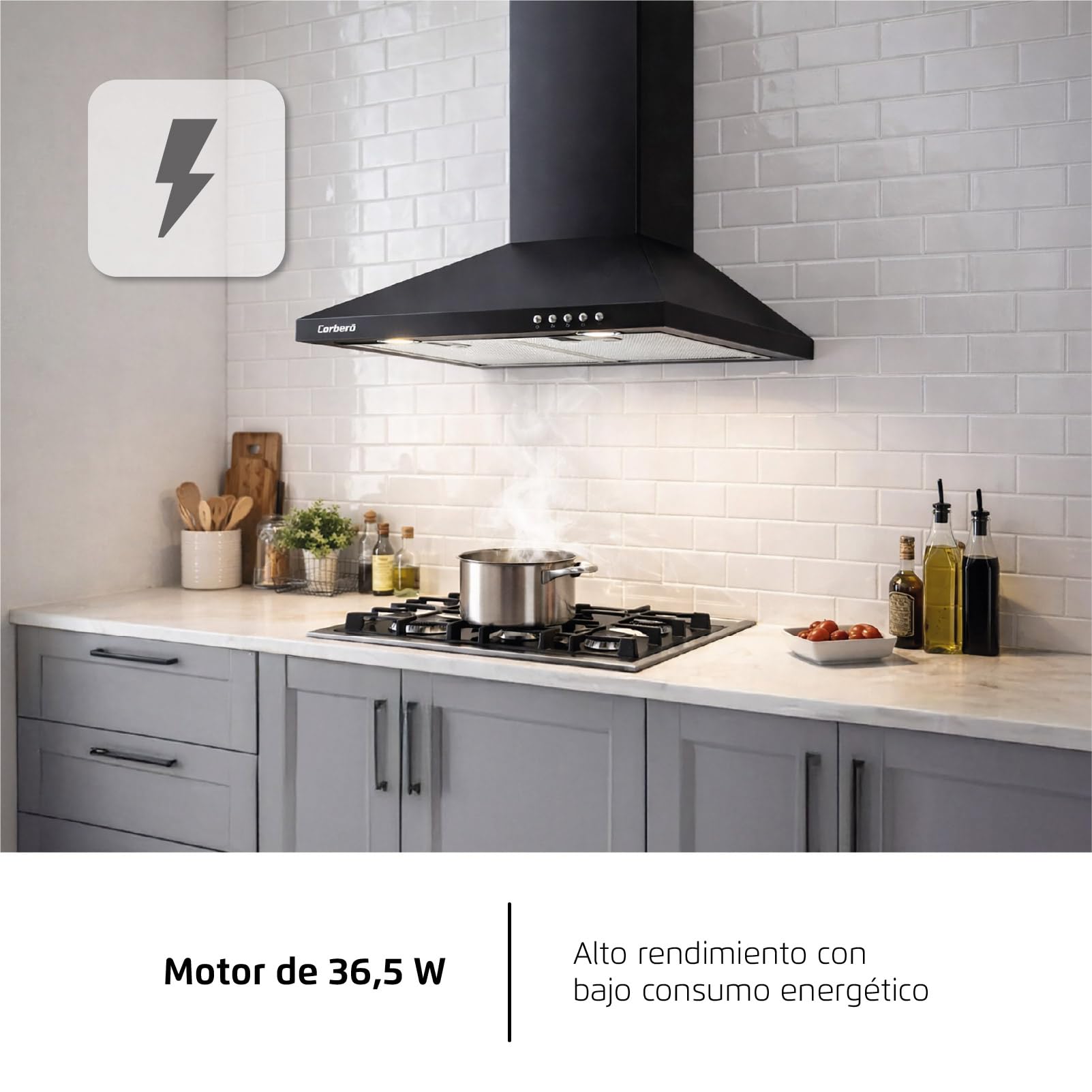Corberó - Campana Extractora Pirámide 60 cm | TEIDE636N |375.4 m3/h | 57db | 36.5 W | 3 Velocidades | Control por Pulsador |2 Filtros de Aluminio + Filtro de Carbon | Negro — view 9