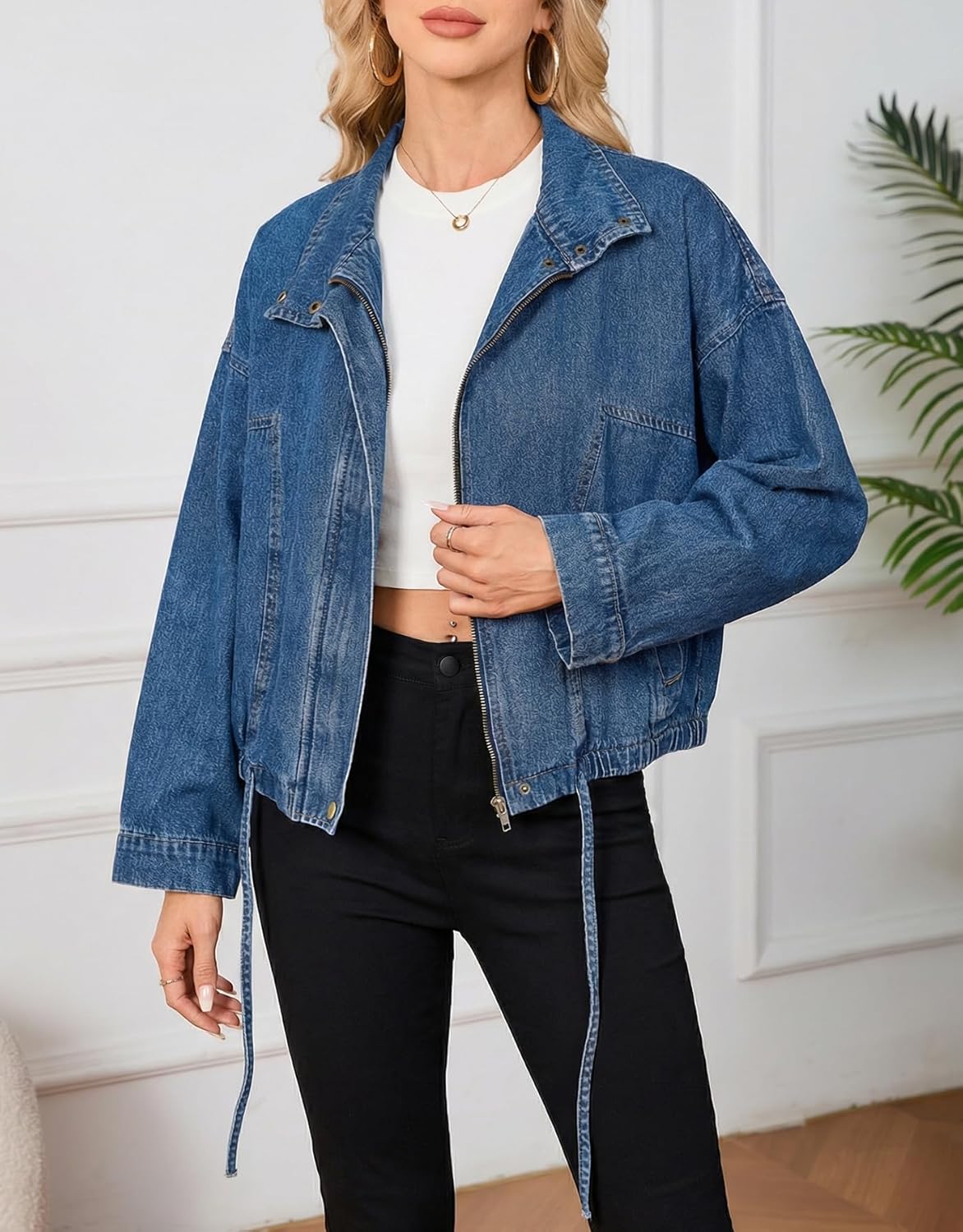 Ladyful Women's Oversized Jean Jacket Boyfriend Denim Bomber Jackets Shacket Long Sleeve Casual Trendy Zip Up Shirt Coat - Image 7