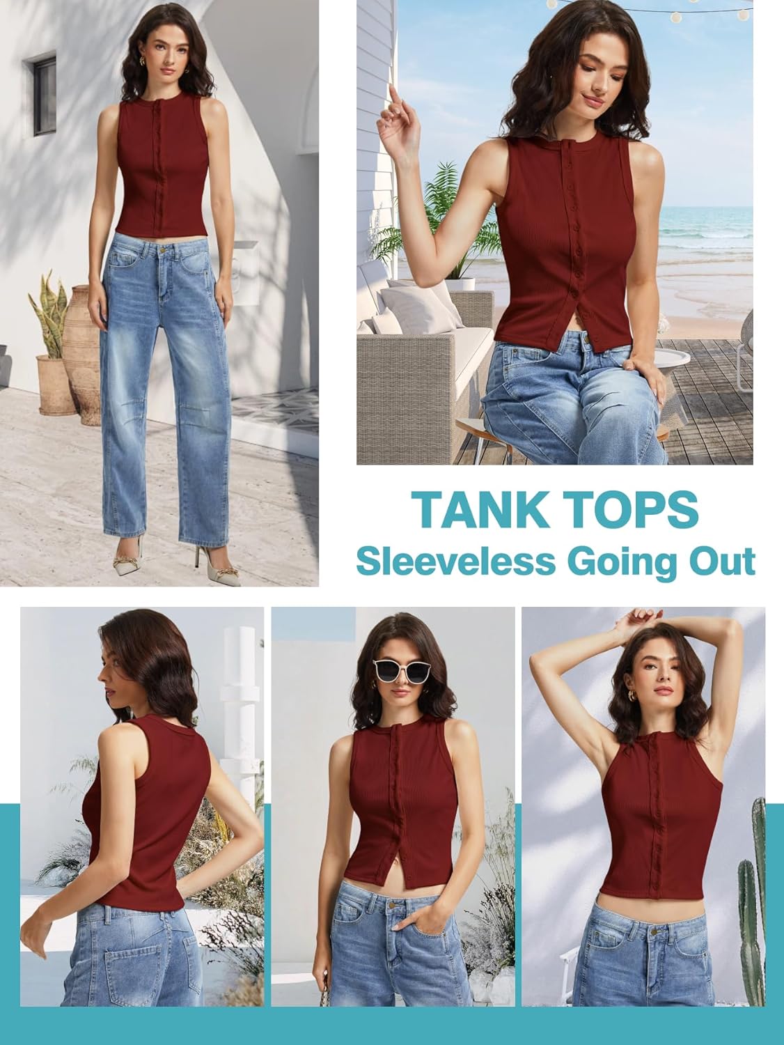 Women’s Button Down Tank Tops Sleeveless Ribbed Crop Summer Button Up Crewneck Vest Shirt Going Out Slim Fit Tops - Image 2