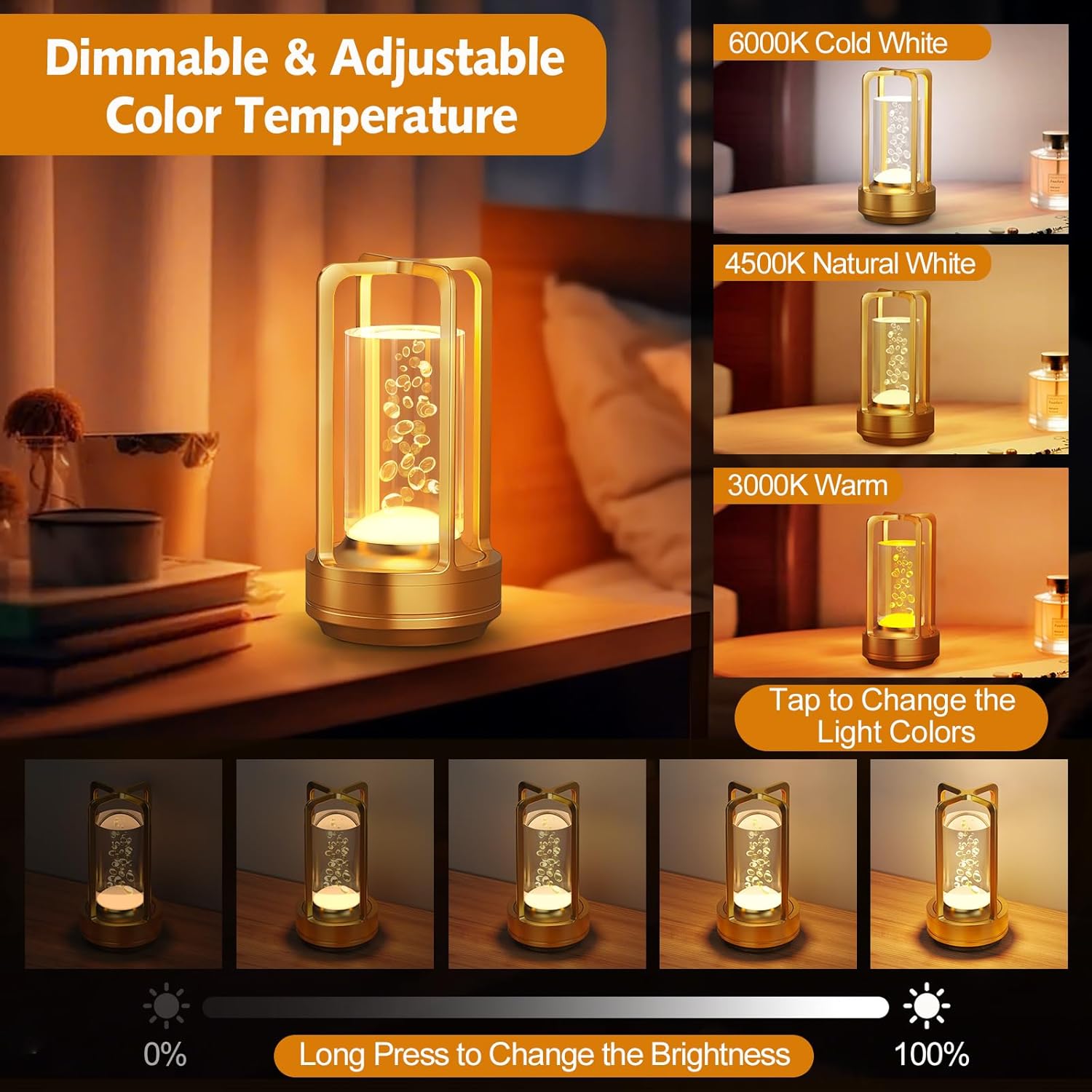 Portable Table Lamp for Outdoor Indoor: Cordless Rechargeable Desk Lamp with 3 Color Stepless Dimmable - Metal Battery Operated Lantern Light for Bedroom/Bar/Coffee Shop/Camping (Gold (Bubble))