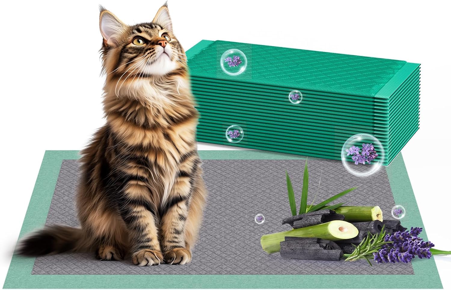 Gardner Pet Ricariche Tappetini Igienici per Lettiere Gatti, 43x29cm – Ultra Assorbenti, Impermeabili, Controllo Odori Carbone Attivo, Verde-Lavanda-40 Pezzi