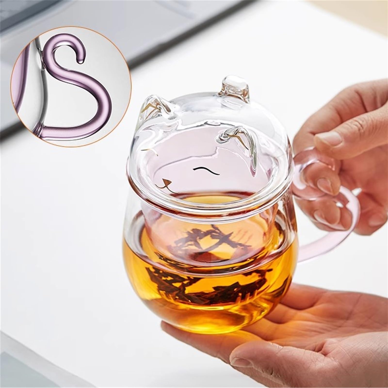 Trinkglas Transparenter, doppelwandiger Kaffeebecher mit Deckel, 473 ml (16 oz), niedlicher, katzenförmiger Borosilikatglasbecher rosa Henkel