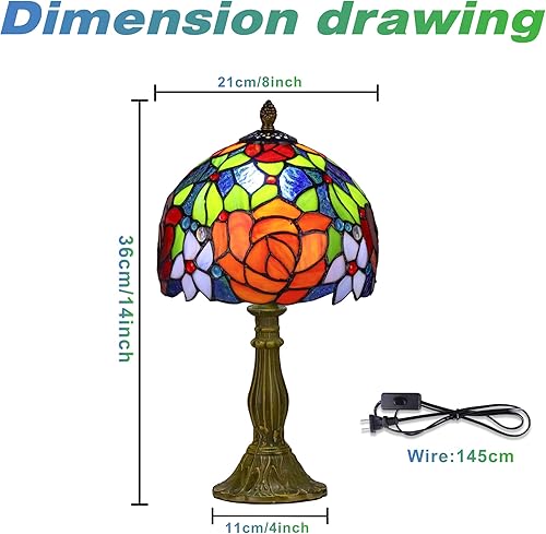 Miniatura 2 de Lámpara de mesa estilo Tiffany, lámpara de mesa de vitral, lámpara de noche hecha a mano con rosas rojas de 8 pulgadas, lámpara de escritorio para