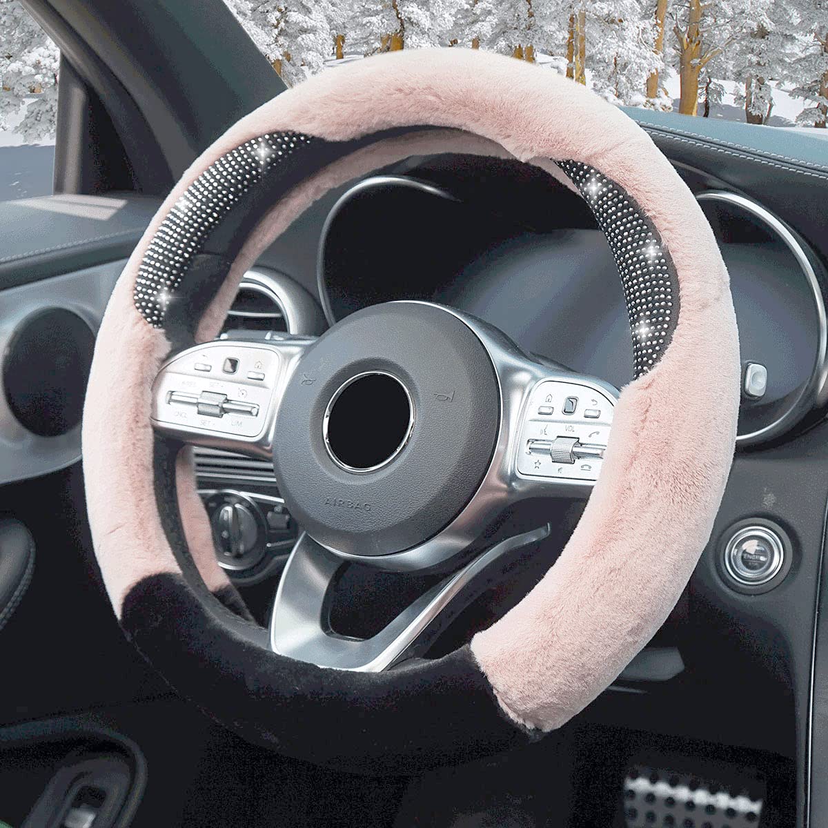 FLKAYJM Diamond Fluffy Microfiber Plush Steering Wheel Cover with Bling Bling Crystal Rhinestones，Universal Fit 37-38.5cm Cartoon Cute Style Anti-Slip Steering Wheel Protector for Women Girls，Pink