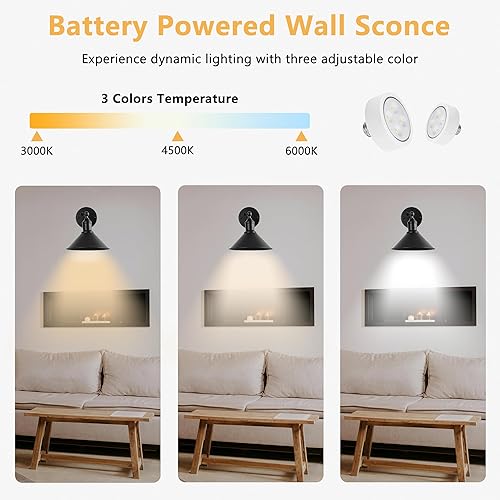 Miniatura 5 de Juego de 2 apliques de pared inalámbricos vintage negros a pilas, luces LED inalámbricas con control remoto, para dormitorio, granja, galería, fácil