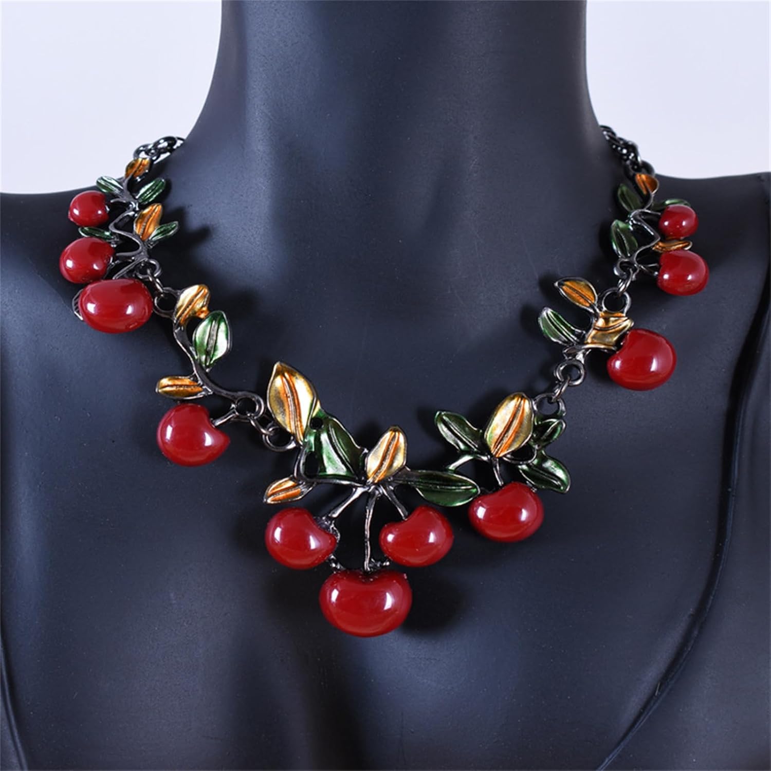 Red Cherry Earrings Necklace Set for Women Dainty Green Leaf Pendant Necklace Charm Fruit Stud Earrings Charm Dinner Dress Bride Aesthetic Jewelry Set - Image 4