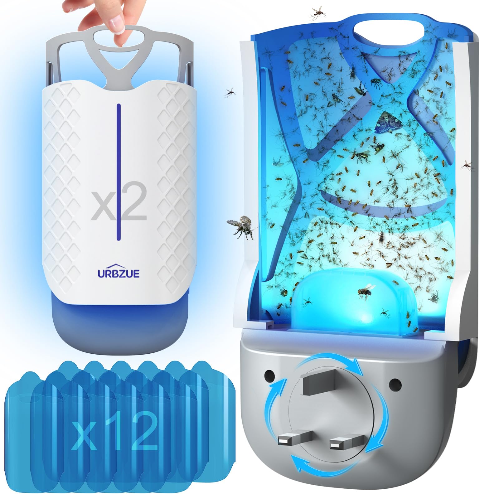 URBZUE Fly Catcher Indoor V2, Electric Plug-in Insect Trap with Sticky Traps and 180° Rotatable Plug, Against Fruit Flies, Gnats, Moths, Mosquitoes, Kitchen and Home, 2 Device + 12 Refills