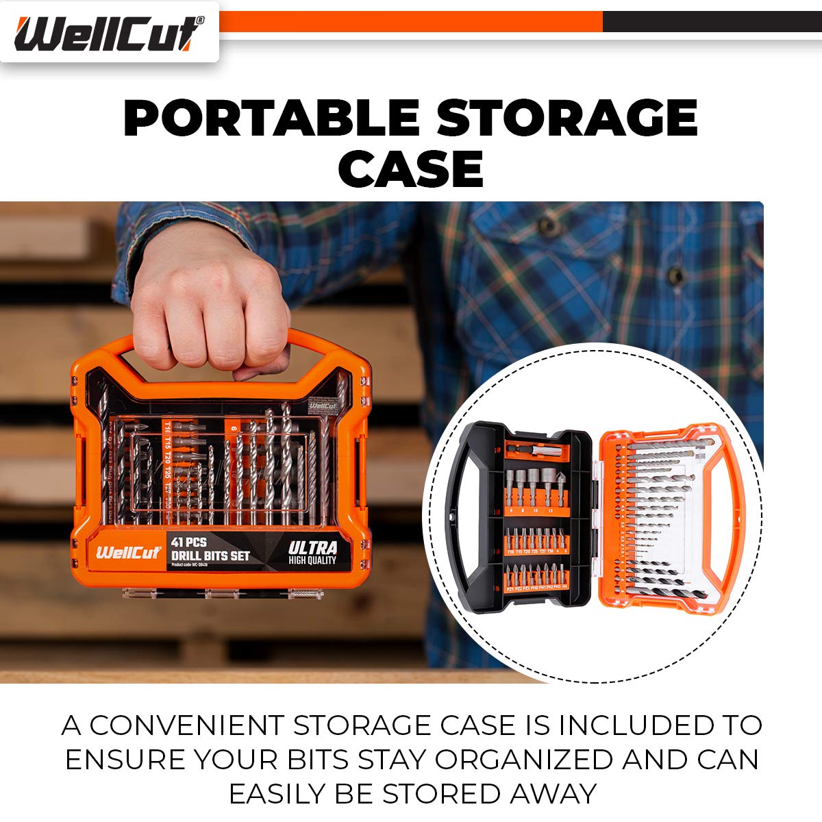 WellCut Set di 41 punte per cacciavite, set durevole e custodia portatile con accessori per trapano, per muratura, metallo, legno, riparazione progetti fai da te