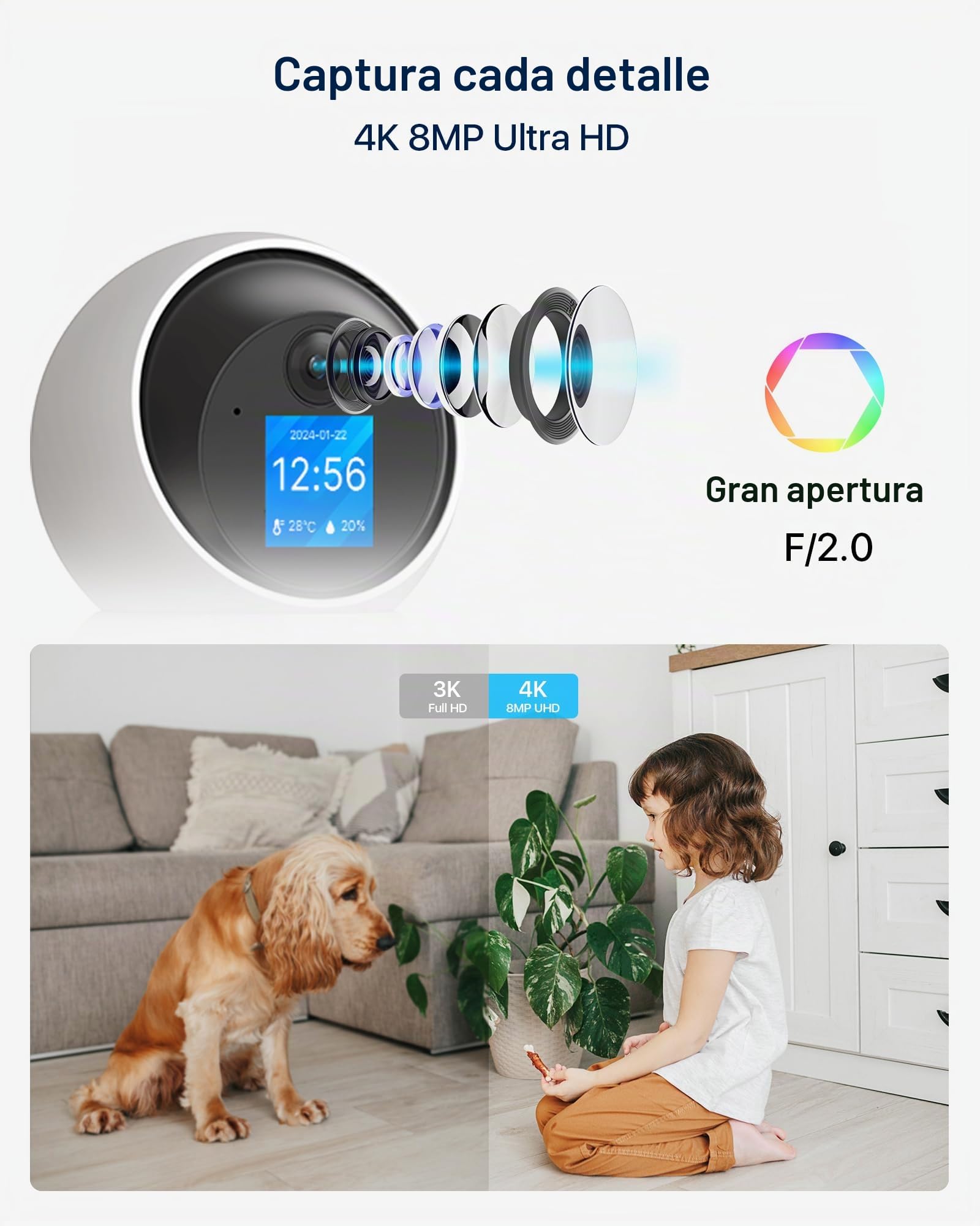 ZOSI 4K 8MP Cámara Vigilancia Seguridad WiFi Interior Enchufable para Bebé/Mascota con Pantalla de 1,44”, 2,4G/5G WiFi, Pan 360° Tilt 90° y Seguimiento de Persona, Videollamada con un Clic o Gesto Ok