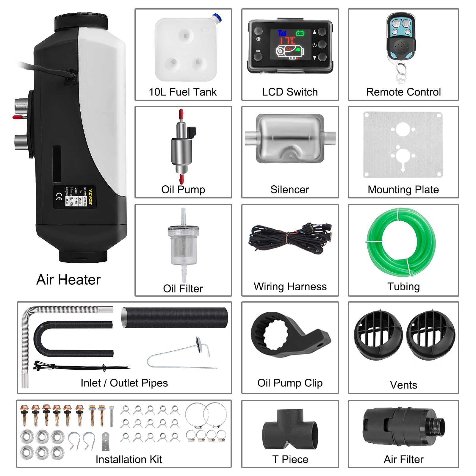 FlowerW Riscaldatore ad aria diesel 8 kW 12 V con telecomando LCD per auto, camper, barche, caravan, ecc.