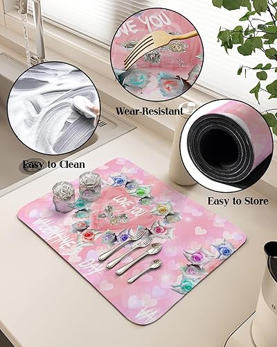 Miniatura 5 de Tapete de secado de platos para el día de San Valentín para encimera de cocina, manteles individuales absorbentes de secado rápido, tapetes
