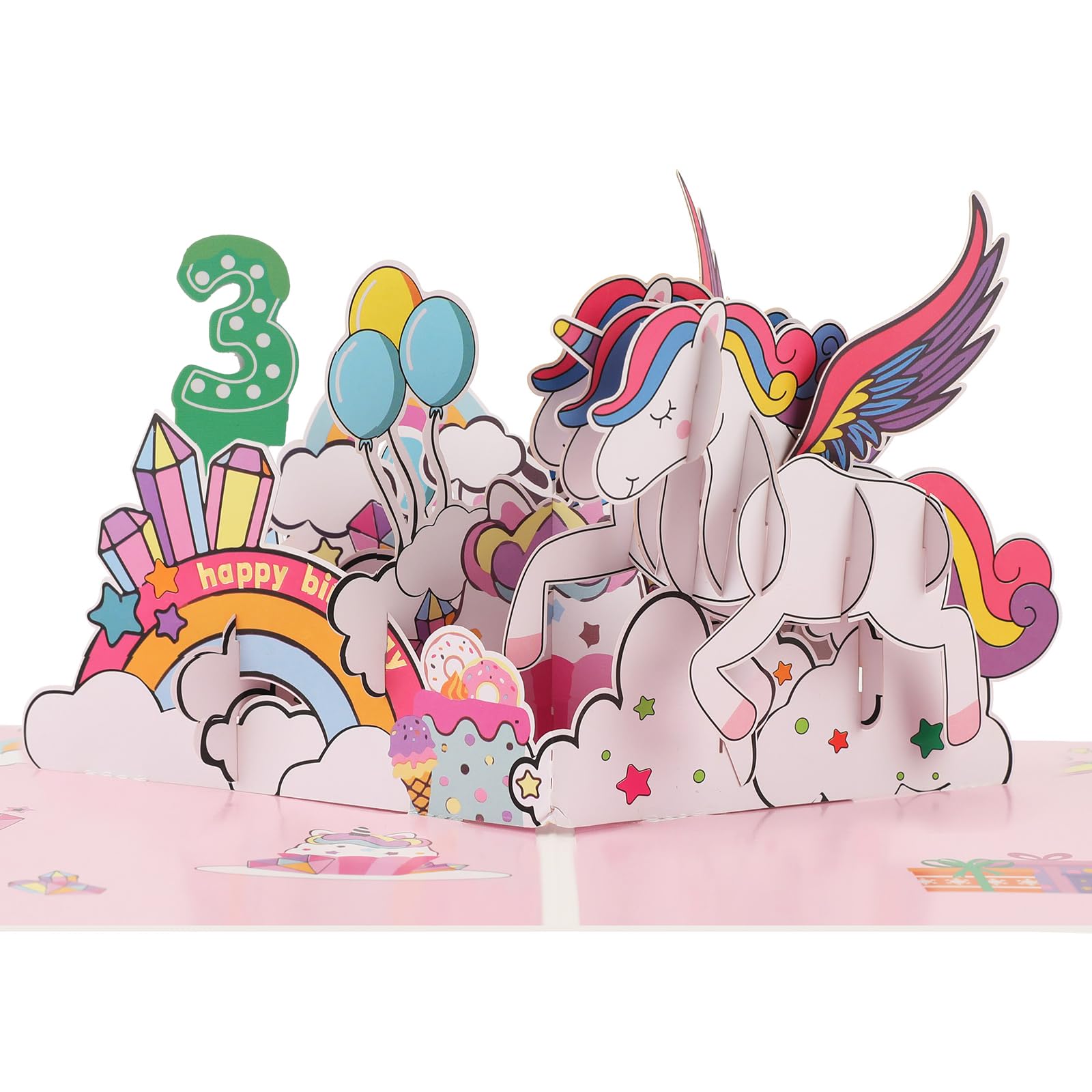 Pop up 3th Birthday Card for Girl, 3D Unicorn Birthday cards for 3-year-old daughter, granddaughter, niece, kids with Envelope & Notecard