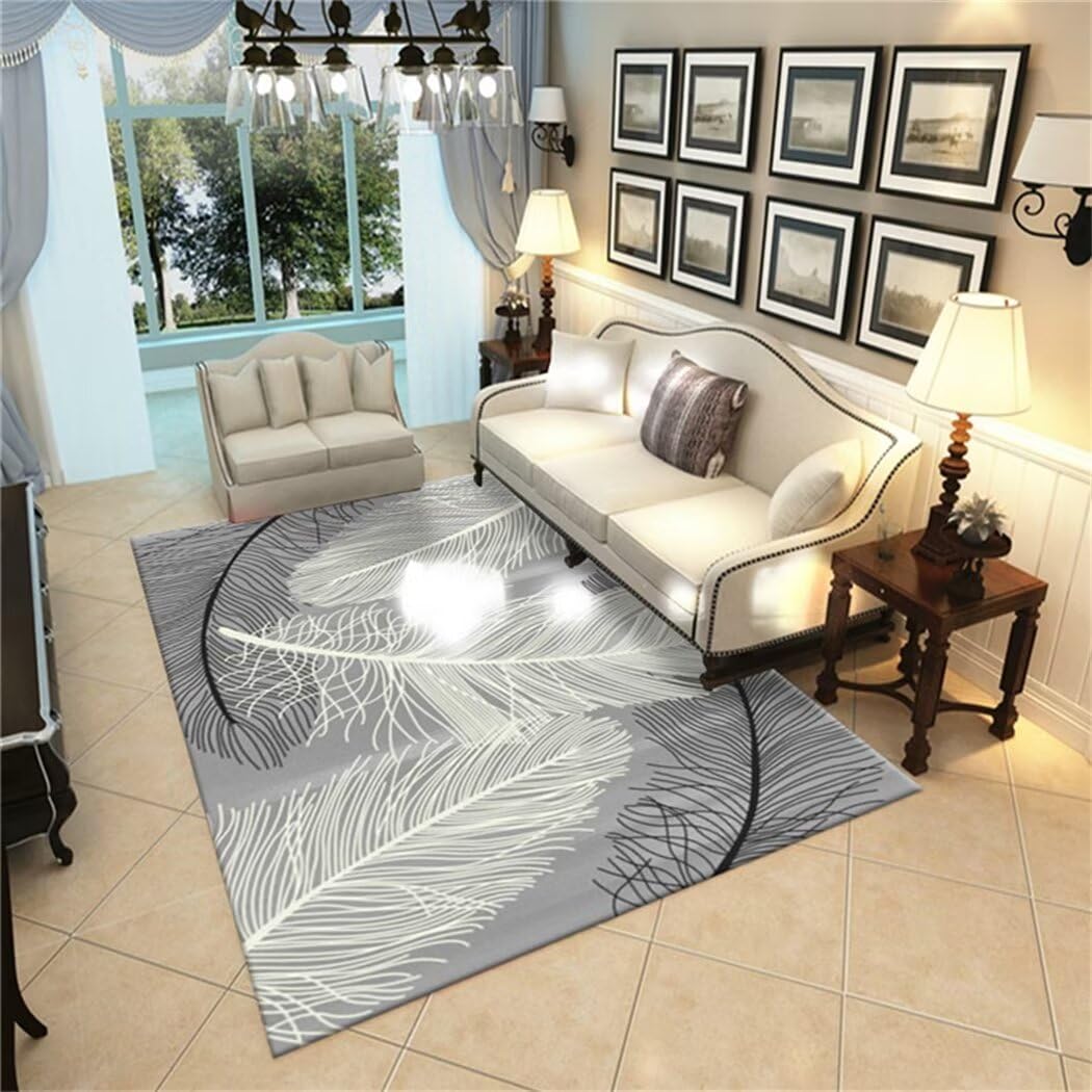Grand tapis de sol 200x300 cm au motif plumes épuré et finitions soignées pour toute la maison