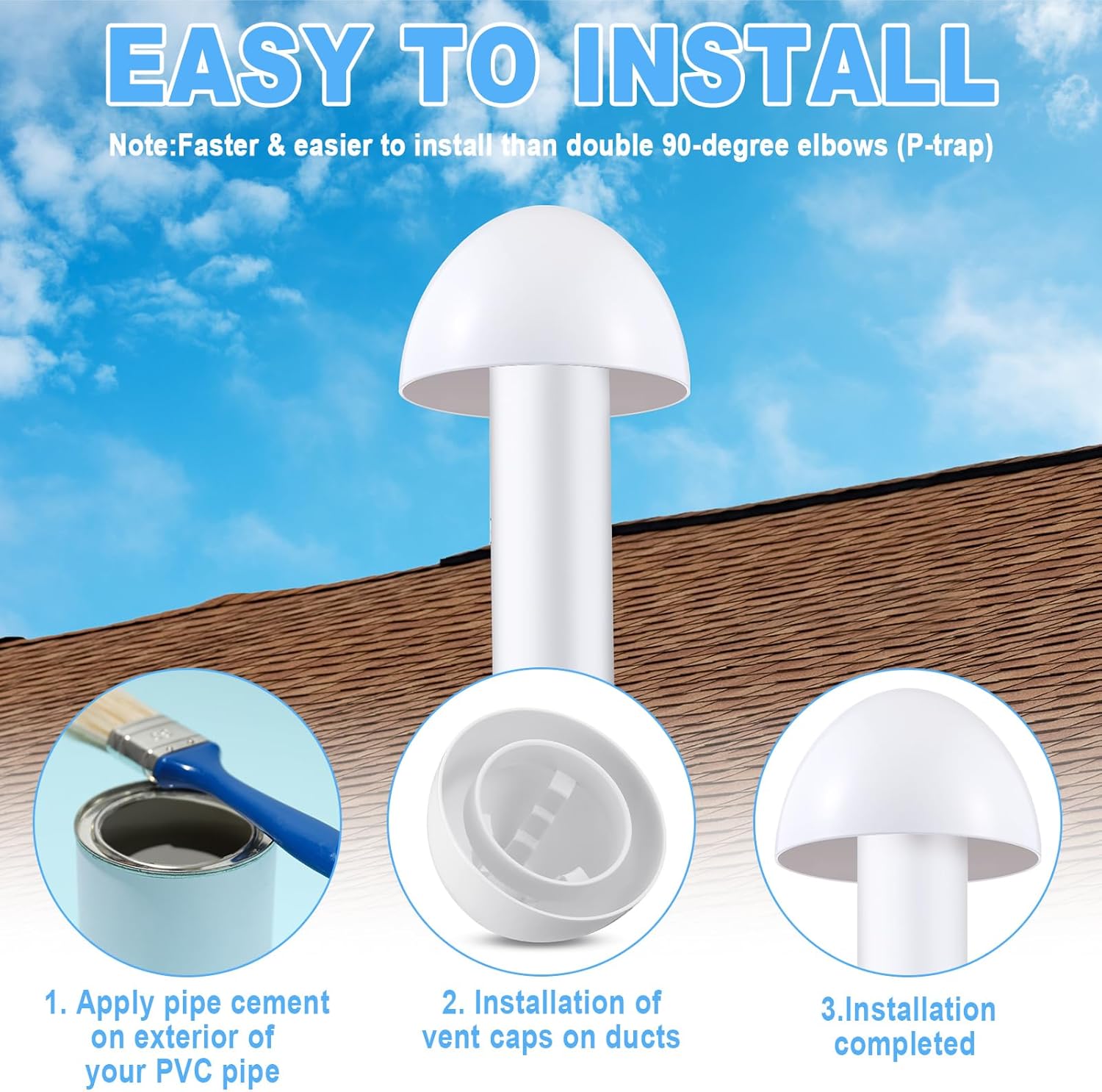 4pack PVC Furnace Flue Pipe Vent Cap for 1.5" 2" 3" Pipe Hemispherical Flue Roof Vent Cap Keep Small Animals Out of Exterior Exhaust Cover (White)