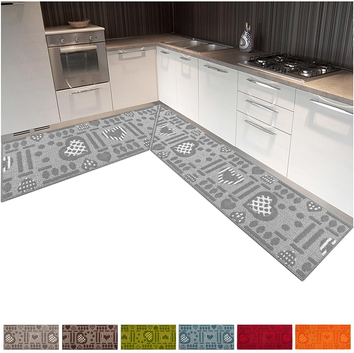 emmevi Tappeto Cucina Angolare Fantasia Cuori 3D Passatoia Ad Angolo Su Misura Antiscivolo Bordato fino a 400cm