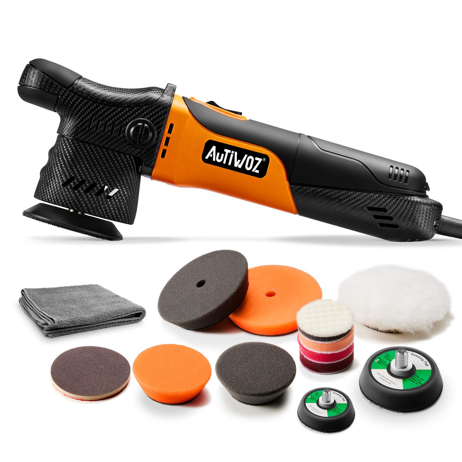 AUTIWOZ W02 Exzenter Poliermaschine Mini,630W Auto Polieren von Scheinwerfern,12mm Orbit Poliur für Details/Gesamte Fahrzeug,50mm/75mm Stützteller,2500-7000RPM,Kratzwaxer Wachsen Polier Schleifen