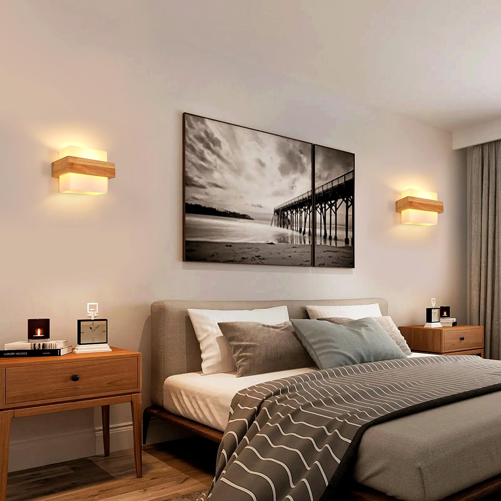 Comely Applique Murale Intérieure Bois E27 Lampe Murale en Verre Luminaire Mural pour Chambre Salon