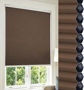 DEJAVU No Drill Cordless Cellular Shades, Blackout Honeycomb Blinds, No Tools Custom Thermal Insulated Energy Saving Window Shades for Bedroom, Living Room, Office, Easy to Install, Dark Brown