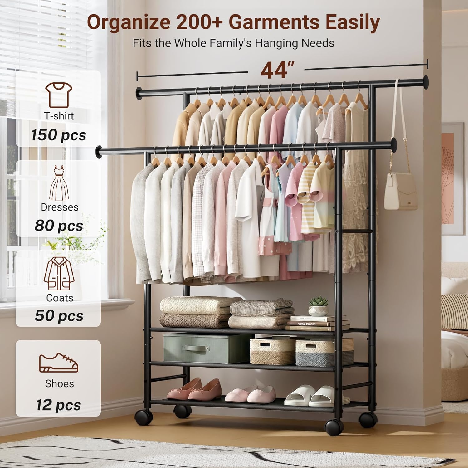 SLEEPING LAMB 44" Double Rods Clothes Rack for Hanging Clothes, Sturdy Wardrobe Clothing Rack with 3 Tier Shelves, Portable Rolling Garment Rack With Wheels for Bedroom, Laundry Living Room, Black