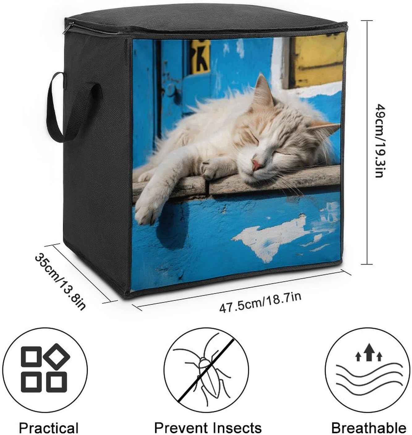Portable Quilt Storage Bag,Sleeping Little Cat Printed Foldable Wardrobe Storage Box Foldable Storage Bag with Lids And Handle Large Clothing Storage Bag for Comforters Clothes Blankets Pillows
