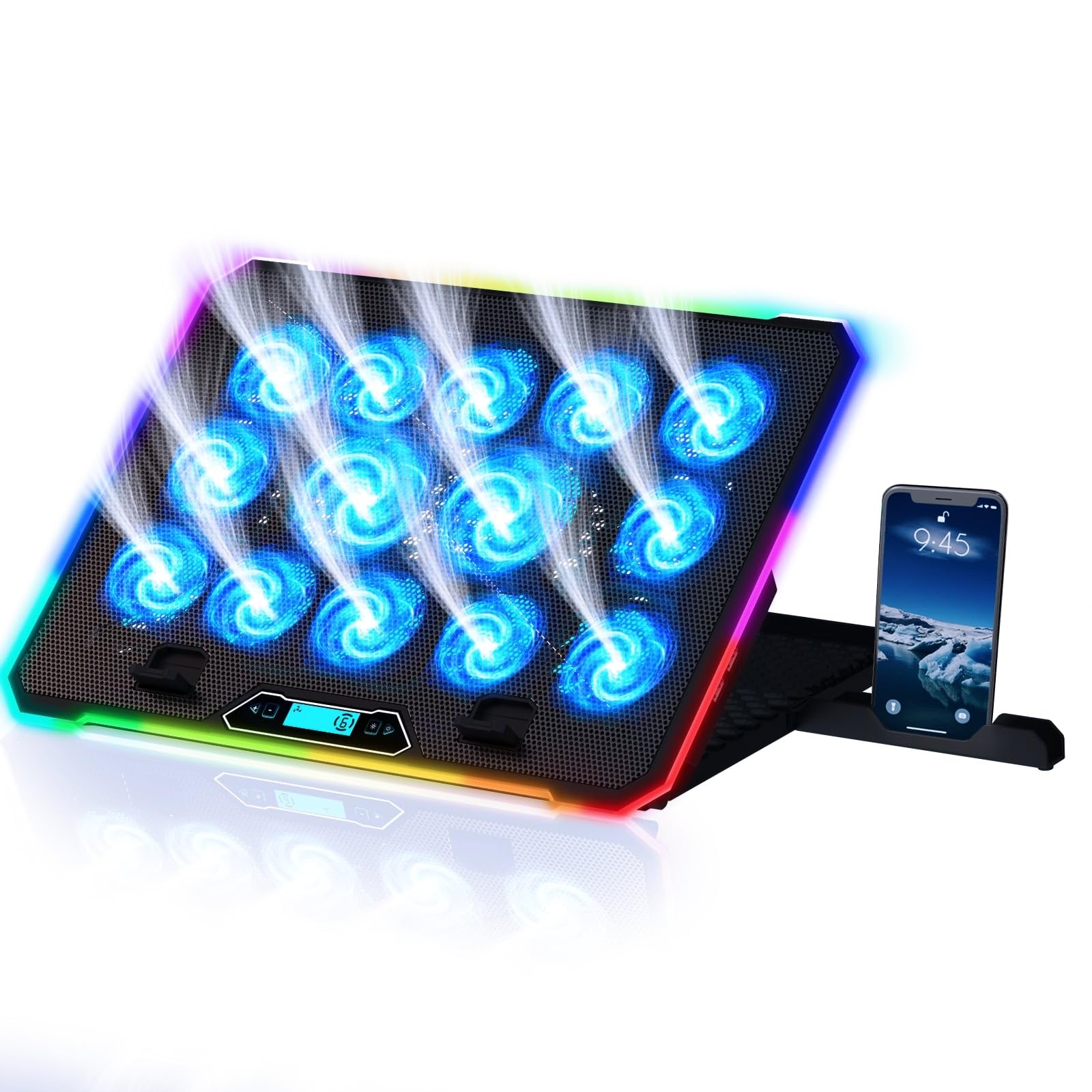 KLIM V14 Gaming Laptop Cooling Pad mit 14 Lüftern - Neu - Gaming Laptop Kühler - Stabiler RGB Notebook Ständer mit Lüfter - Kompatibel bis zu 17" - 2 USB Ports - Handyhalterung - 5 Jahre Schutz