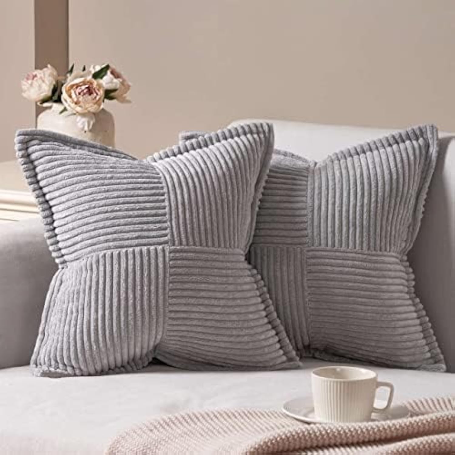 Topfinel Kissenbezug 50x50 Kordsamt grau 2er Set Winter deko Kissenbezüge Kissenhülle Dekorative Sofakissen Couchkissen Dekokissen Zierkissenbezug Deko Kissenhülle für Wohnzimmer