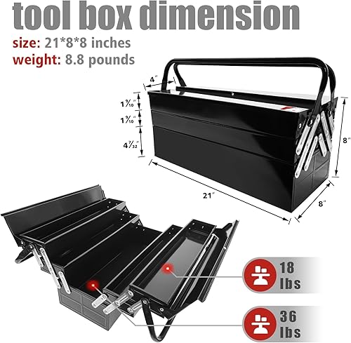 Miniatura 3 de Caja de herramientas voladiza de metal, caja de herramientas de acero plegable de 21 pulgadas con asa de 3 niveles y 5 bandejas, caja de