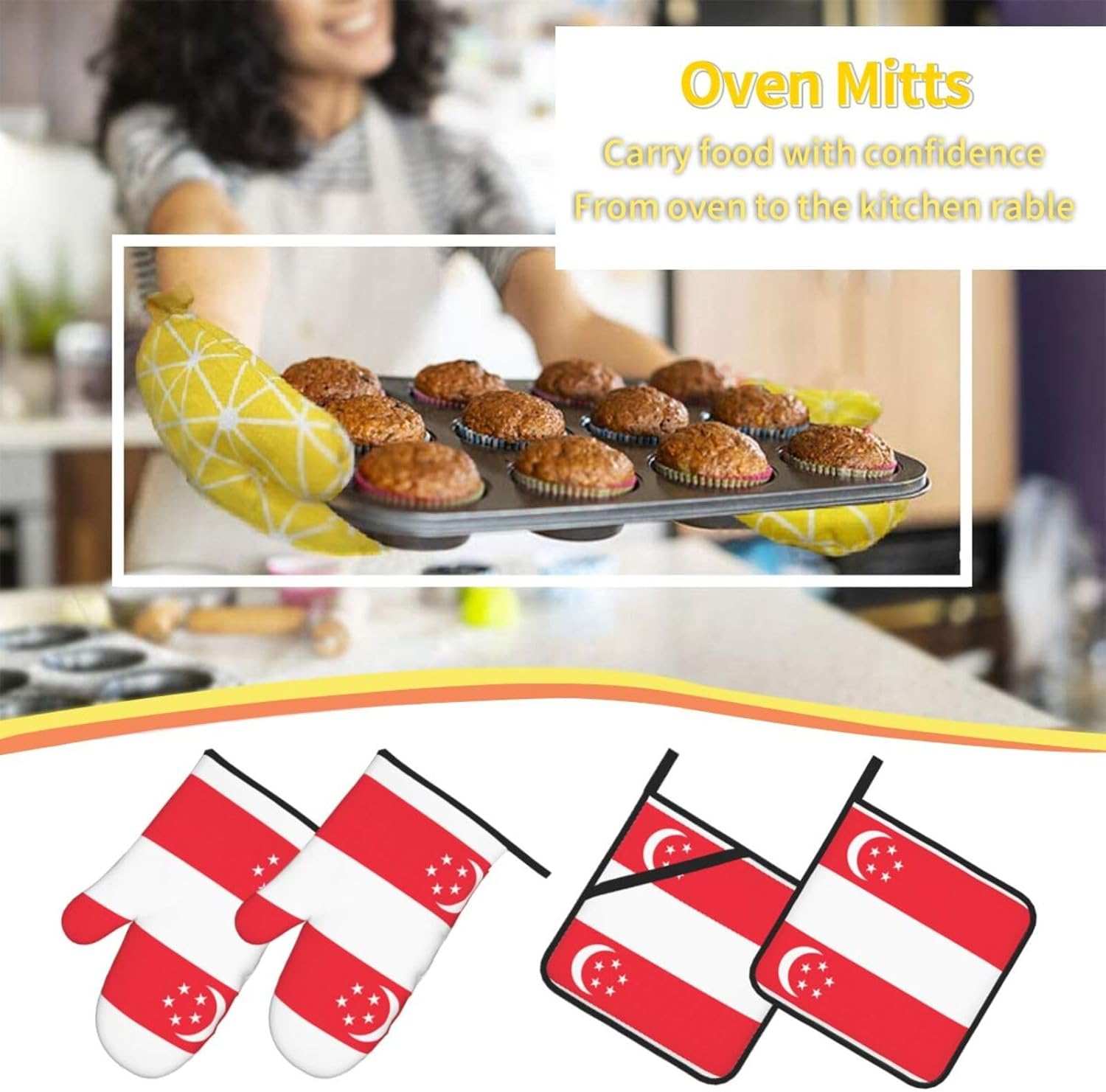 Singapore Flag Oven gloves and heat-resistant mat 4-piece set. Suitable for grilling, microwave oven frying, and baking