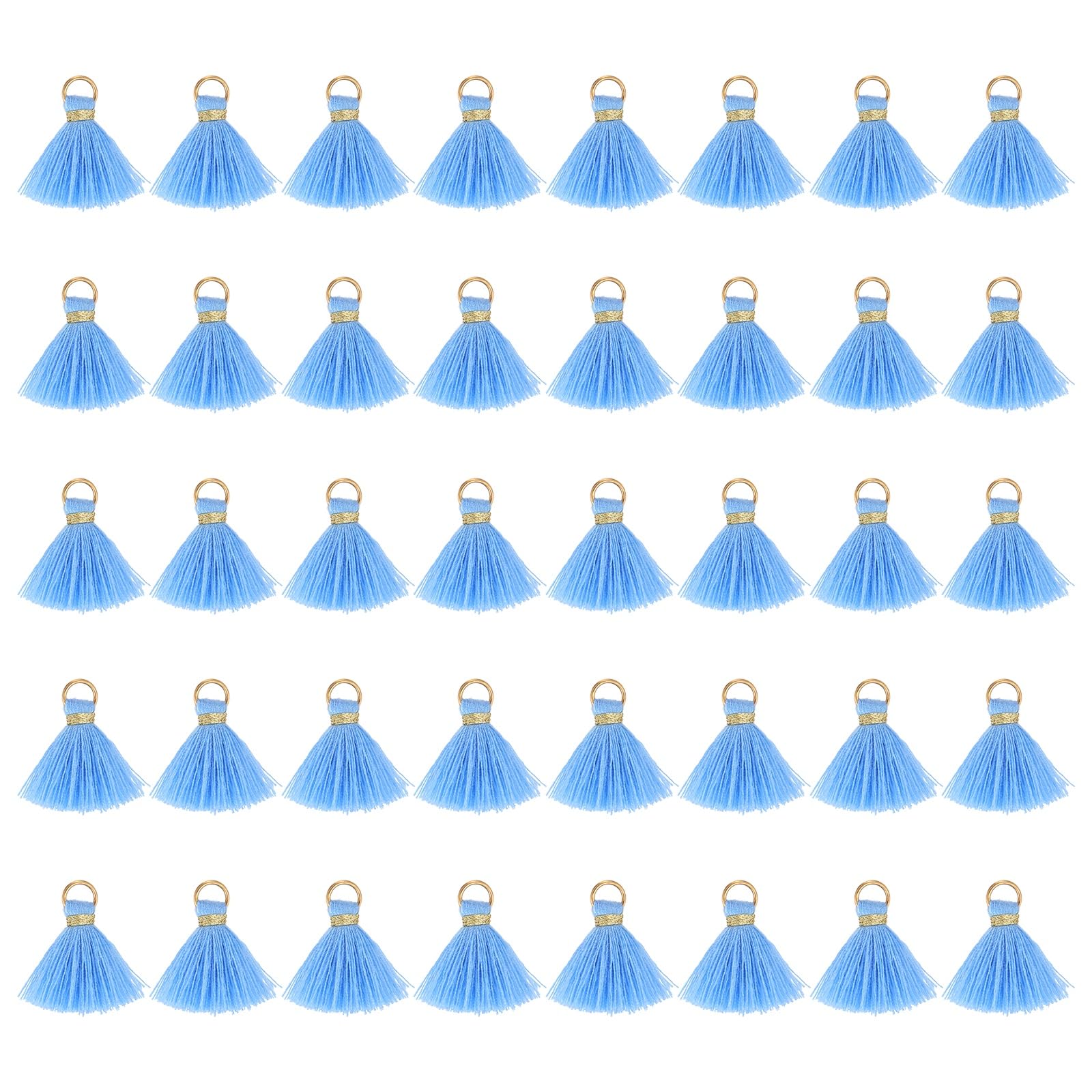 sourcing map 50 Pcs Mini Tassels, 1 Inch Length Cotton Thread Tassels Crafting Tassels with Gold Jump Ring Fringe Ribbon Charms Pendant for DIY Keychain Crafts Decorations, Light Blue